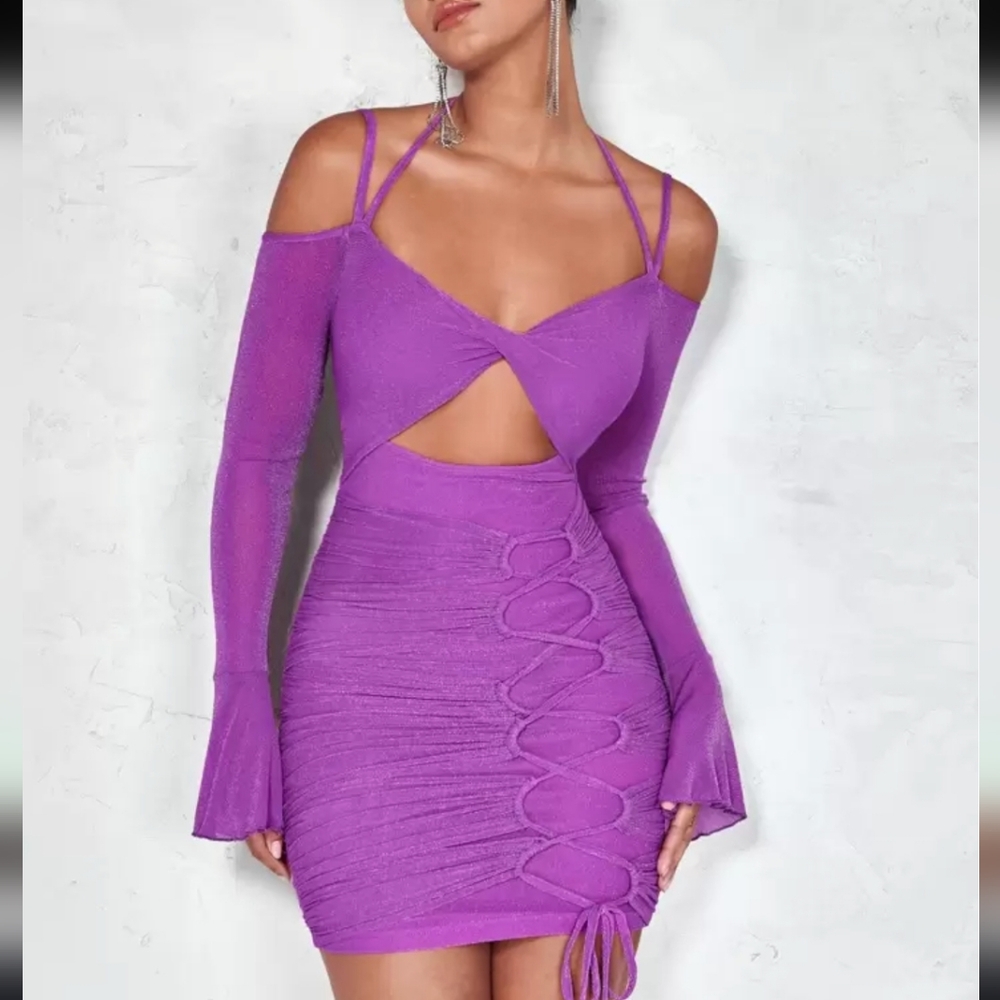 New SHEIN BAE Cold Shoulder Cut Out‎ Front Lace Up Ruched Bodycon Dress